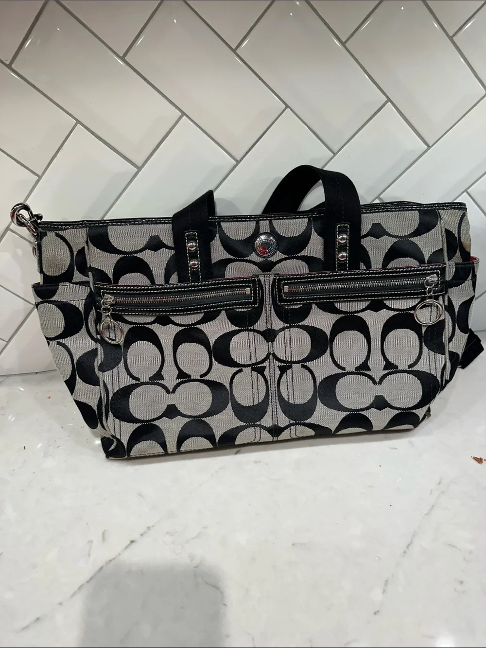 Coach Black and Gray Signature Jacquard Diaper Bag/Tote